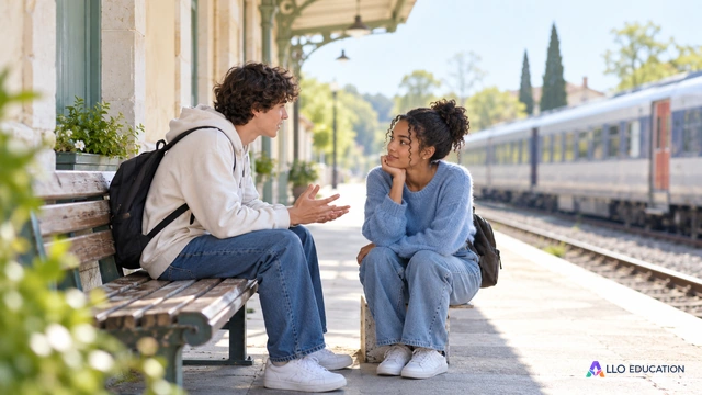 Conversation sur un quai : la scène évoque une question et une réponse autour d’un départ.