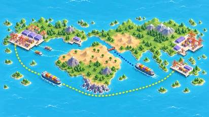 Deux porte-conteneurs traversent un réseau maritime schématique entre l’Asie et un hub européen ; une route contourne l’Afrique et de petits navires desservent les quais régionaux.