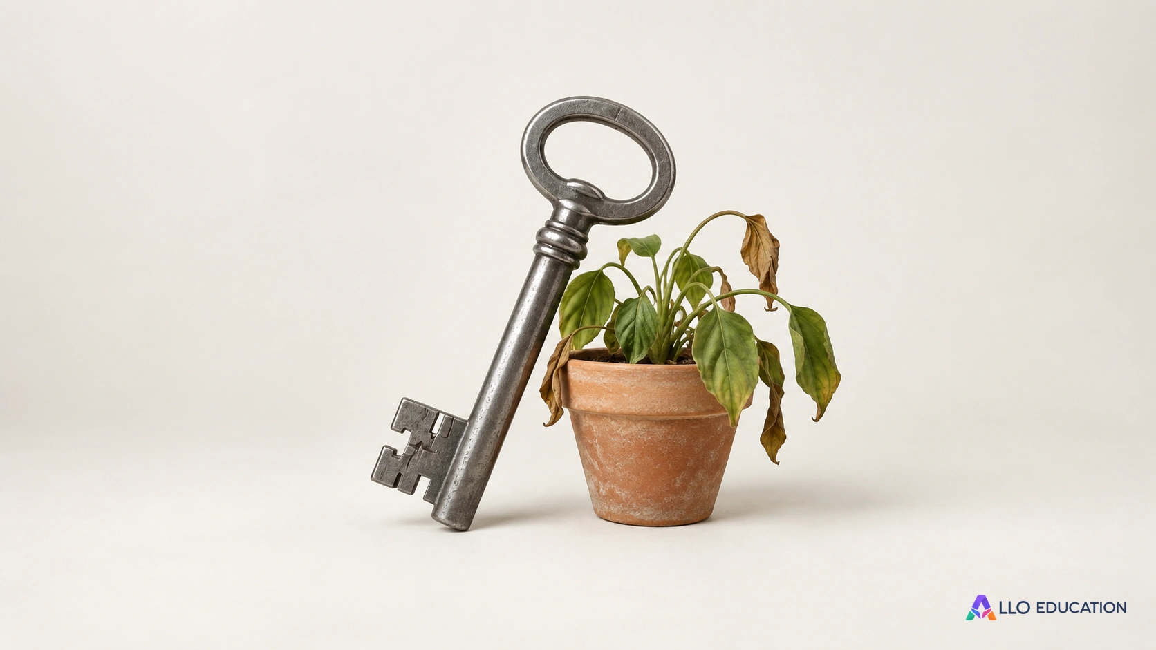 Une clé et un pot de fleurs fanées évoquent un paradoxe à discuter.
