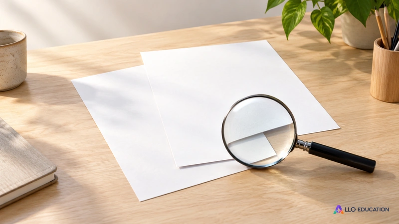 Une loupe et des documents vierges évoquent la recherche du contexte et de la source avant de conclure.